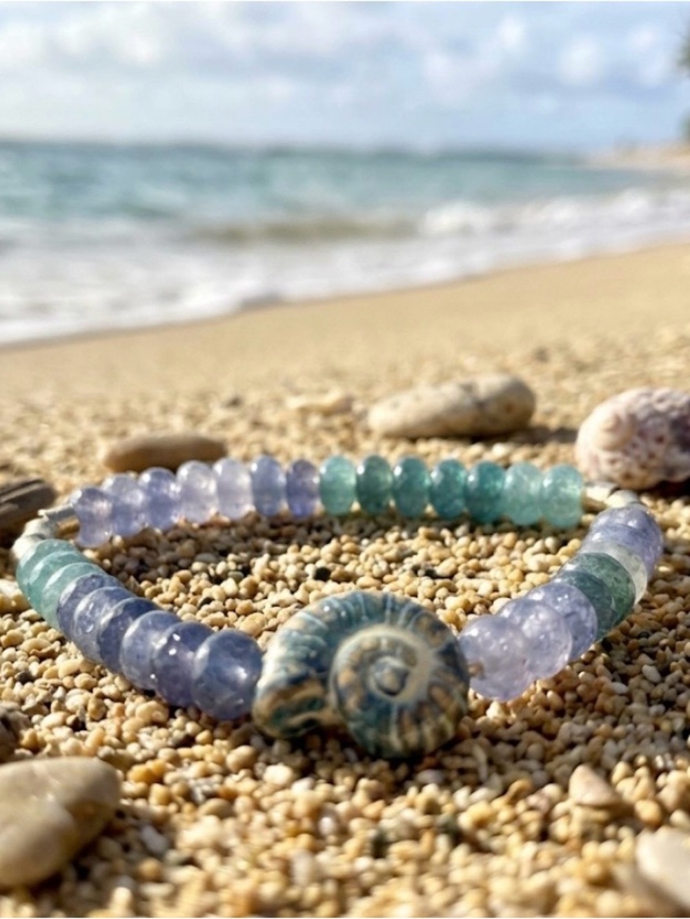 Sea Glass Blue & Green Beaded Shell Bracelet - Women Jewelry